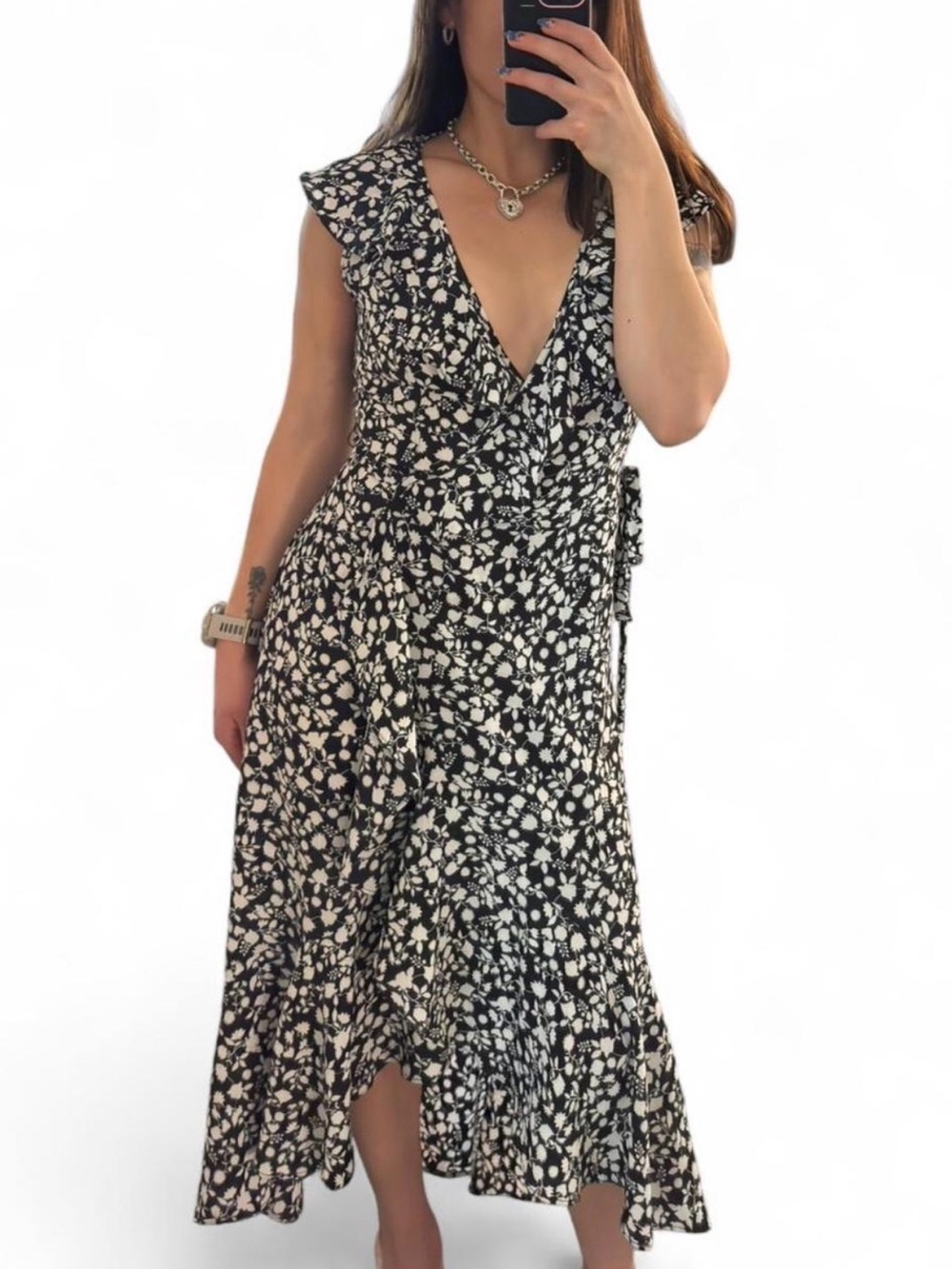 Max Studio Black & White Floral Midi Wrap Dress